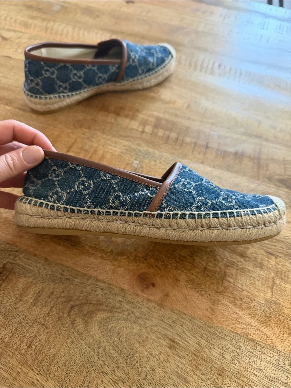 Gucci Womens Denim GG Espadrilles with Brown Trim